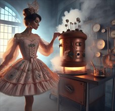 Glamourous sensual female chef cooking baking posing singing in steampunk kitchen