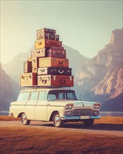Huge load luggage on roof vintage 70s 80s vintage retro american station wagon Vacation travel move road fun generated ai art
