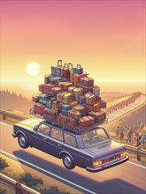 Huge load luggage on roof vintage 70s 80s vintage retro european swedish station wagon Vacation travel move road fun generated ai art
