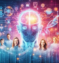Graphic depict AI artificial intelligence happy people learn advanced technology vantages
