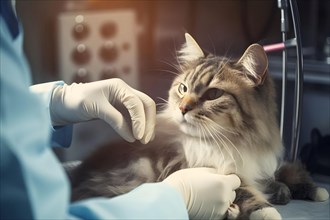 Veterinarian is examining a suspicious tabby cat. AI generated