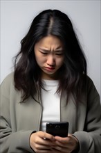 Upset Asian teenage girl who is a victim of cyberbullying over light grey background. Generative AI