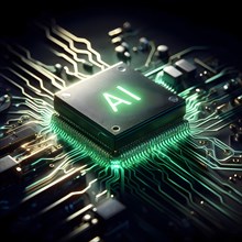 Illustration of a AI Microchip processor with circuit board and other electronic components. AI generated