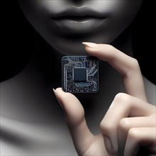 Illustration of a Human holds AI microchip processor circuit board and other modern computer components. AI generated