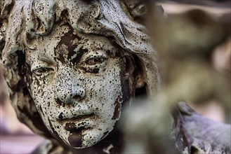 Weathered face of a figure at the Hygieia fountain in the town hall courtyard