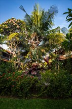 Park with tropical plants and traditional statues of the Hindu faith and for decoration. Tropical island life as a tourist on Bali