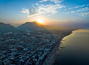 Sunrise over Alanya Beach from a drone