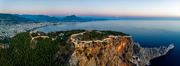 Panorama of Alanya Castle and Marina from a drone