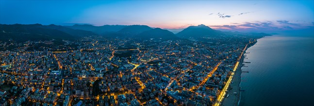 Panorama of Sunrise over Alanya Beach from a drone
