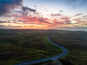 Sunset over Moorland and Farms from a drone
