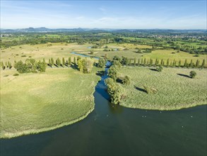 Aerial view of the Radolfzeller Aachried with the Radolfzeller Aach flowing into western Lake Constance
