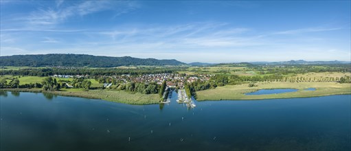 Aerial panorama of western Lake Constance with the Lake Constance municipality of moss and the marina