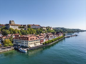 Aerial view of the town of Meersburg with the historic castle and the lake promenade