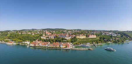 Aerial panorama of the town of Meersburg with the lake promenade and harbour