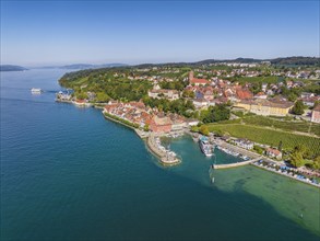 Aerial view of the town of Meersburg with the lake promenade and harbour