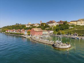 Aerial view of the town of Meersburg with the lake promenade and harbour pier