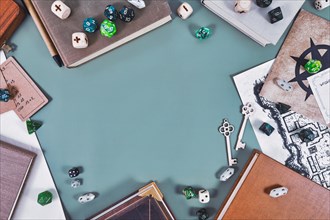 Tabletop role playing flat lay background with colorful RPG dices