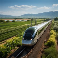 Modern futuristic express train travels through the landscape at high speed