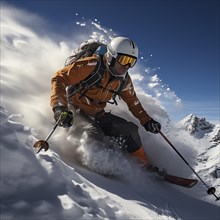 Alpine skiers in deep snow on a steep slope