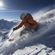 Alpine skiers in deep snow on a steep slope