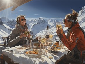 Skiers sit on the terrace of a mountain hut in the snow after a ski tour