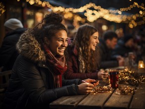 Young people celebrating at a Christmas market at Christmas time
