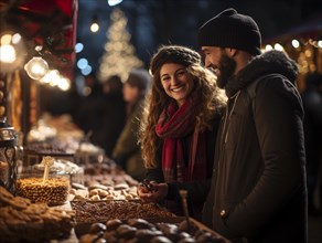 Young people celebrating at a Christmas market at Christmas time