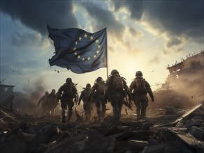 Flag of the European Union with soldiers