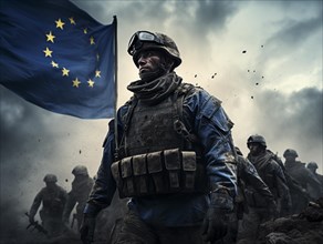 Flag of the European Union with soldiers
