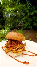 Pulled chicken burger on a plate