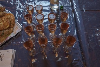 Filled champagne glasses at a party
