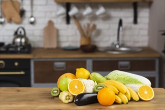 Arrangement with fruits vegetables kitchen
