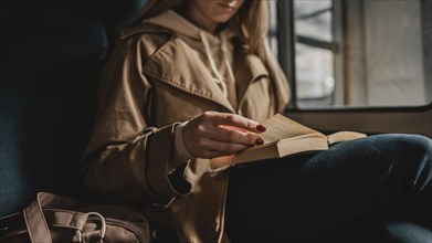 Blurred woman reading book inside train