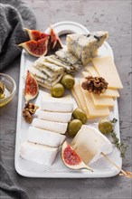 Cheese assortment platter with olives