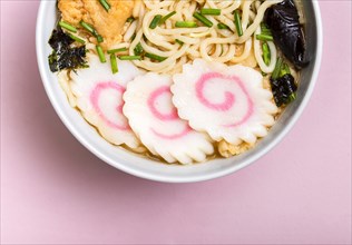 Close up ramen noodles soup bowl