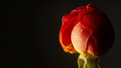 Close up red rose with water drops