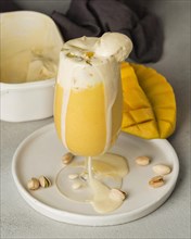 Delicious indian mango drink with pistachio