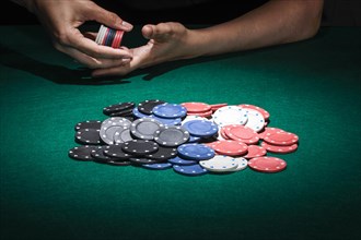Different poker chips casino table