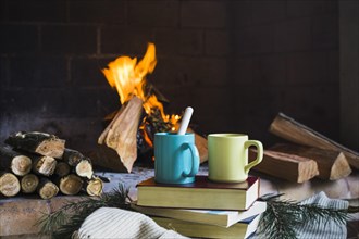 Drinks books near flaming fireplace