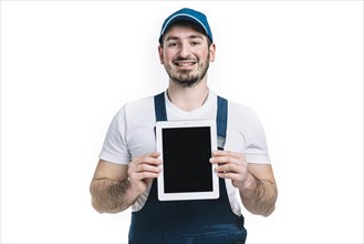 Friendly deliveryman with tablet