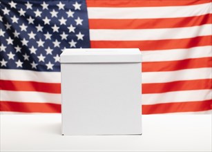 Front view ballot box with american flag background