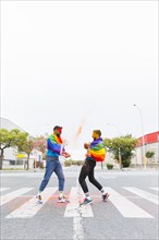 Gays with rainbow flag encountering street