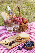 High angle picnic goodies two with glasses wine