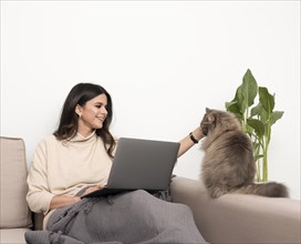 Lance woman playing with cat while working