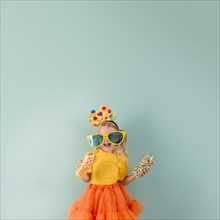 Little girl with big sunglasses copy space