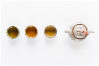 Overhead view traditional tea teacups ceramics teapot