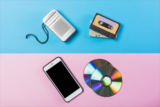 Radio cassette cd cell phone dual pink blue colored backdrop