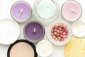 Top view collection cosmetic products candles