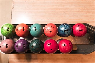 Top view colourful bowling balls