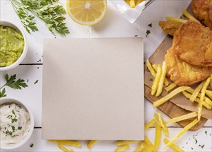 Top view fish chips chopping board with card